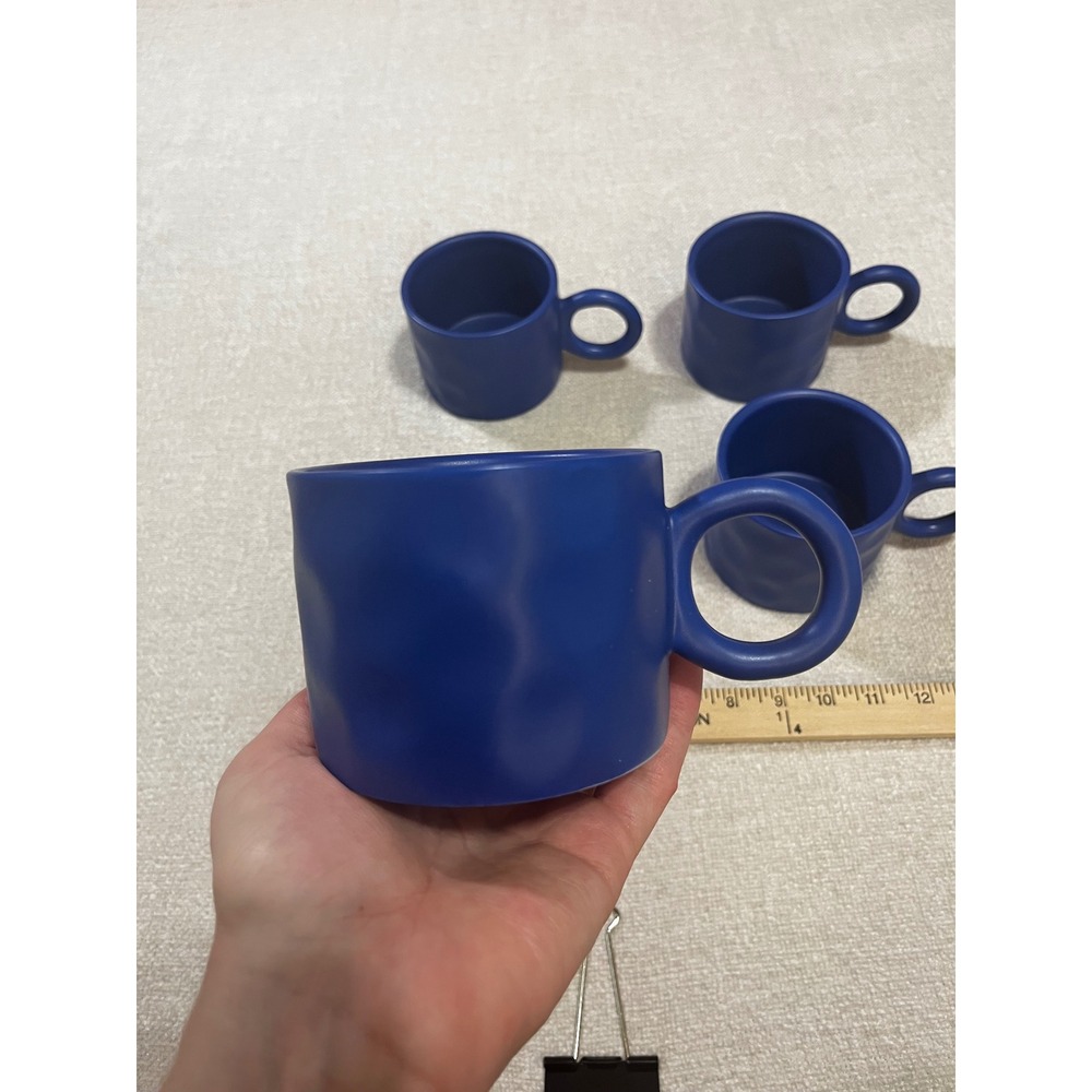 Cobalt Blue Geometric Art Mugs Circular Handle European Style set of 4.